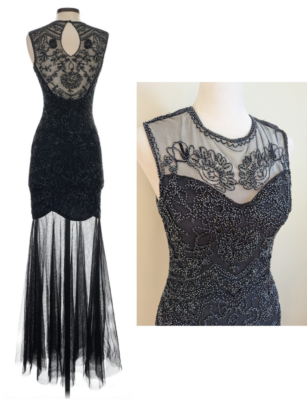 Witchy Midnight Blue Beaded Mesh Mermaid Cut Evening Gown Formal Dress S